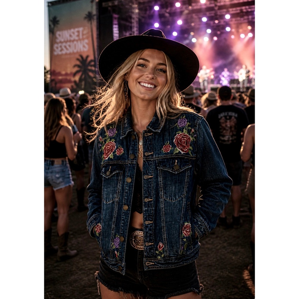 BLANK NYC Floral Embroidered Denim Jean Jacket Distressed Pockets Buttons Medium